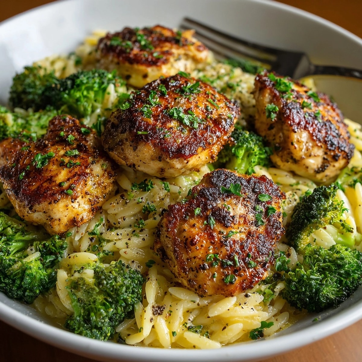 Imagine tangy Lemon Pepper Chicken & Broccoli Orzo Skillet, plated and steaming hot.
