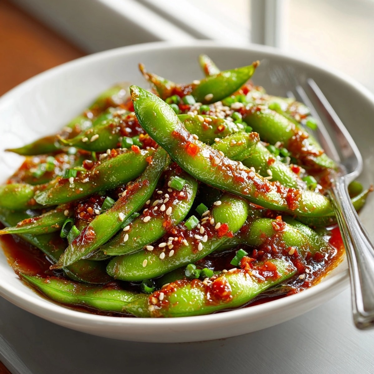 Crispy Sweet Chili Edamame Bean Poppers: golden fried, served hot as a flavorful appetizer.