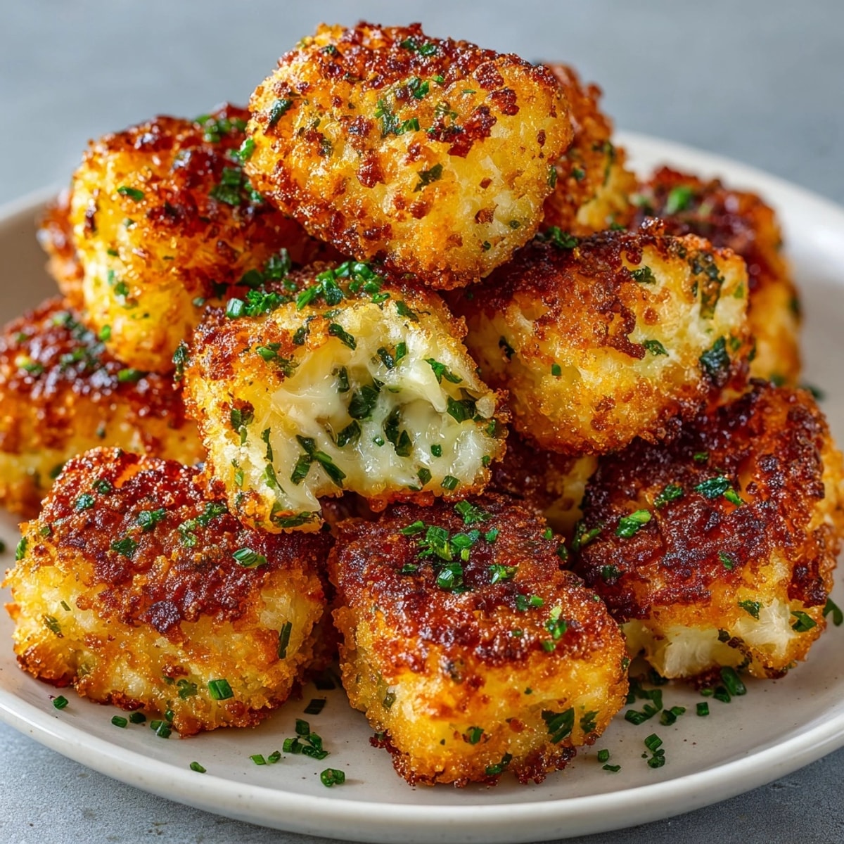 Golden-brown Cheddar & Chive Cauliflower Tater Tots, fresh from the oven and ready to serve.
