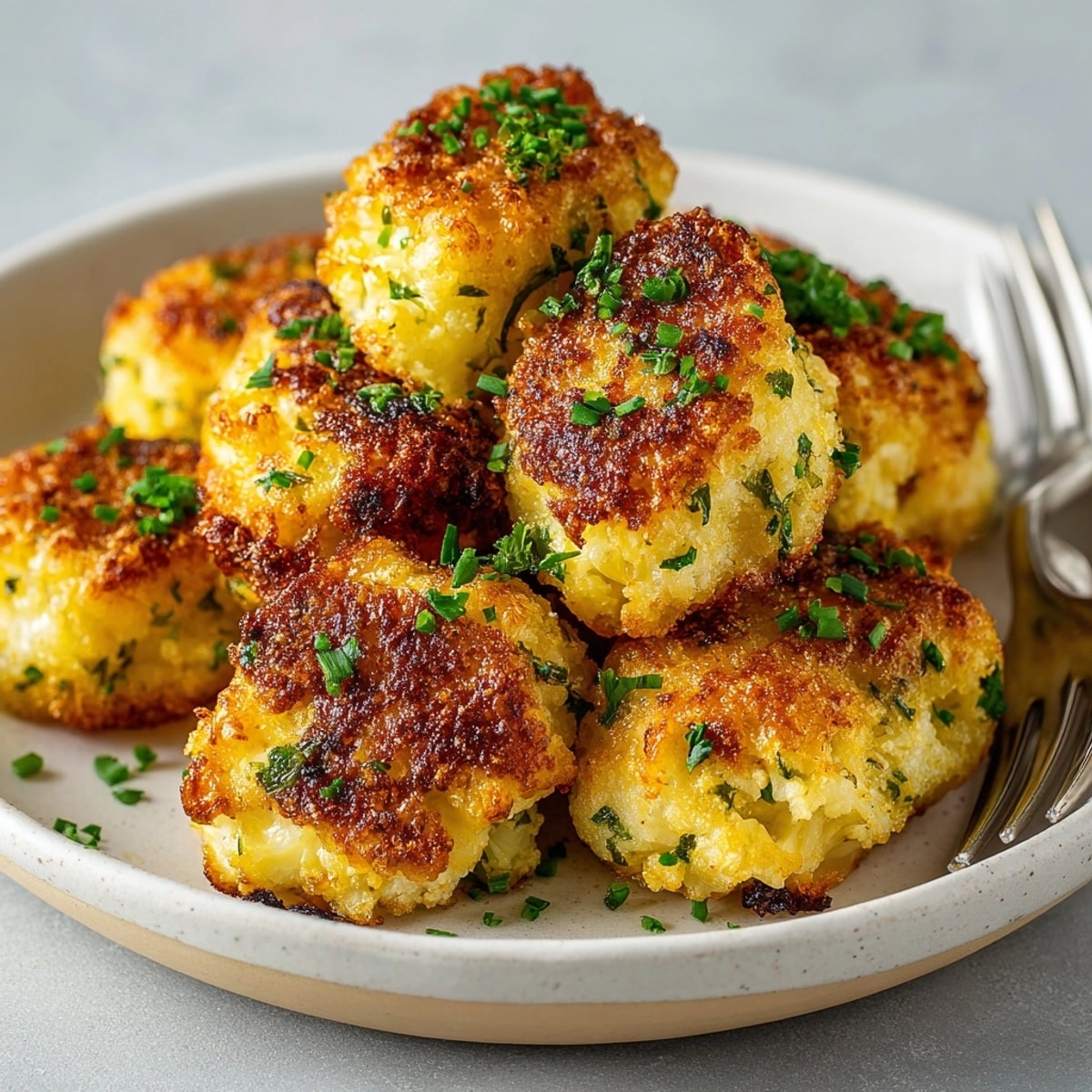 Close up of warm, delectable Cheddar & Chive Cauliflower Tater Tots, perfect with dipping sauce.