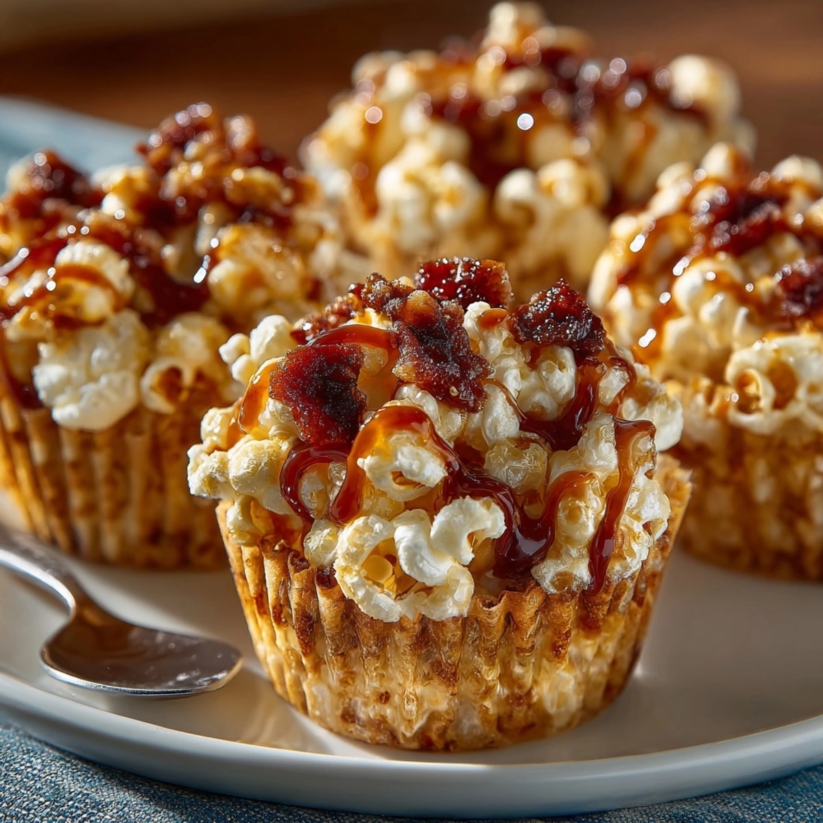 Close-up of crisp, golden Maple Bacon Caramel Corn Cups ready for a fall party.