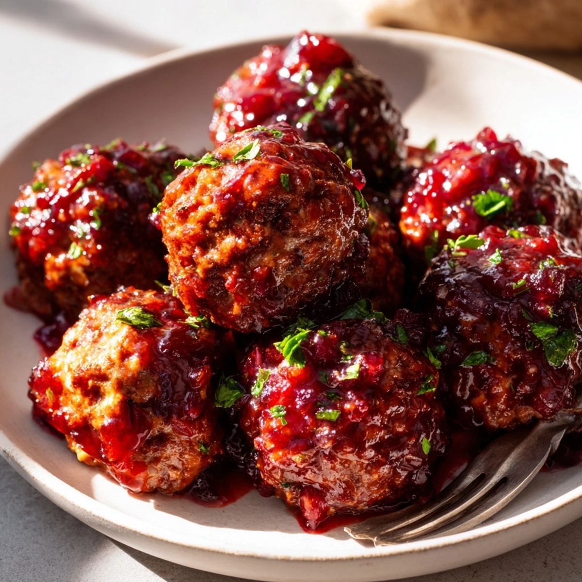 Close-up of glistening Sweet & Savory Cranberry Meatballs, sauced, ready to be served warm.
