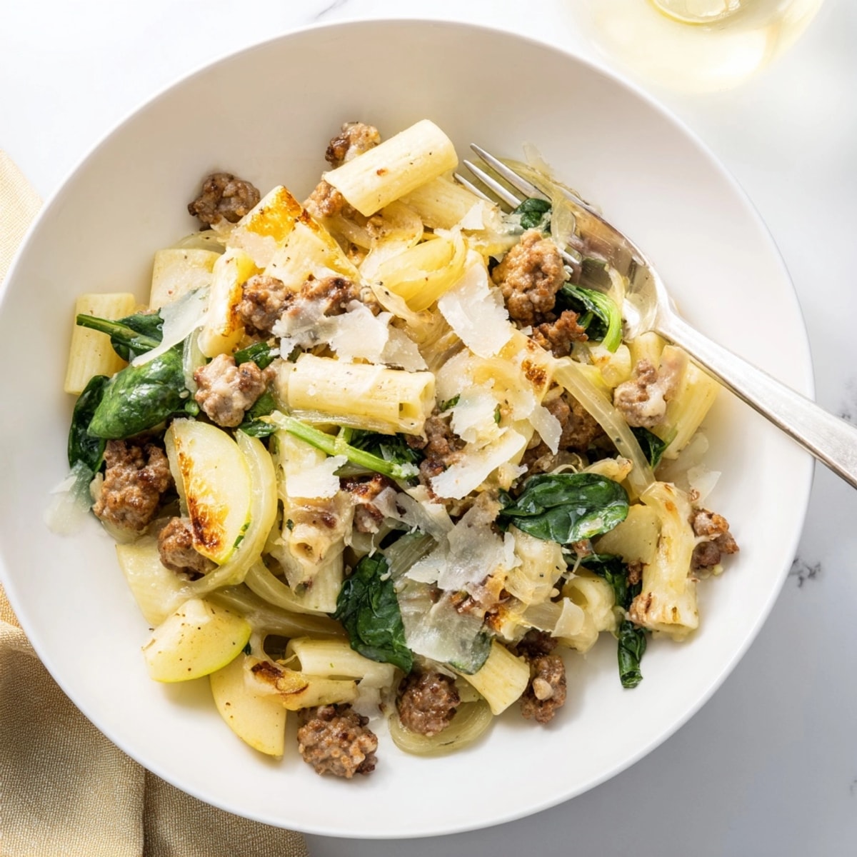 Golden Roasted Apple and Sausage Pasta Skillet, ready to serve from the oven.