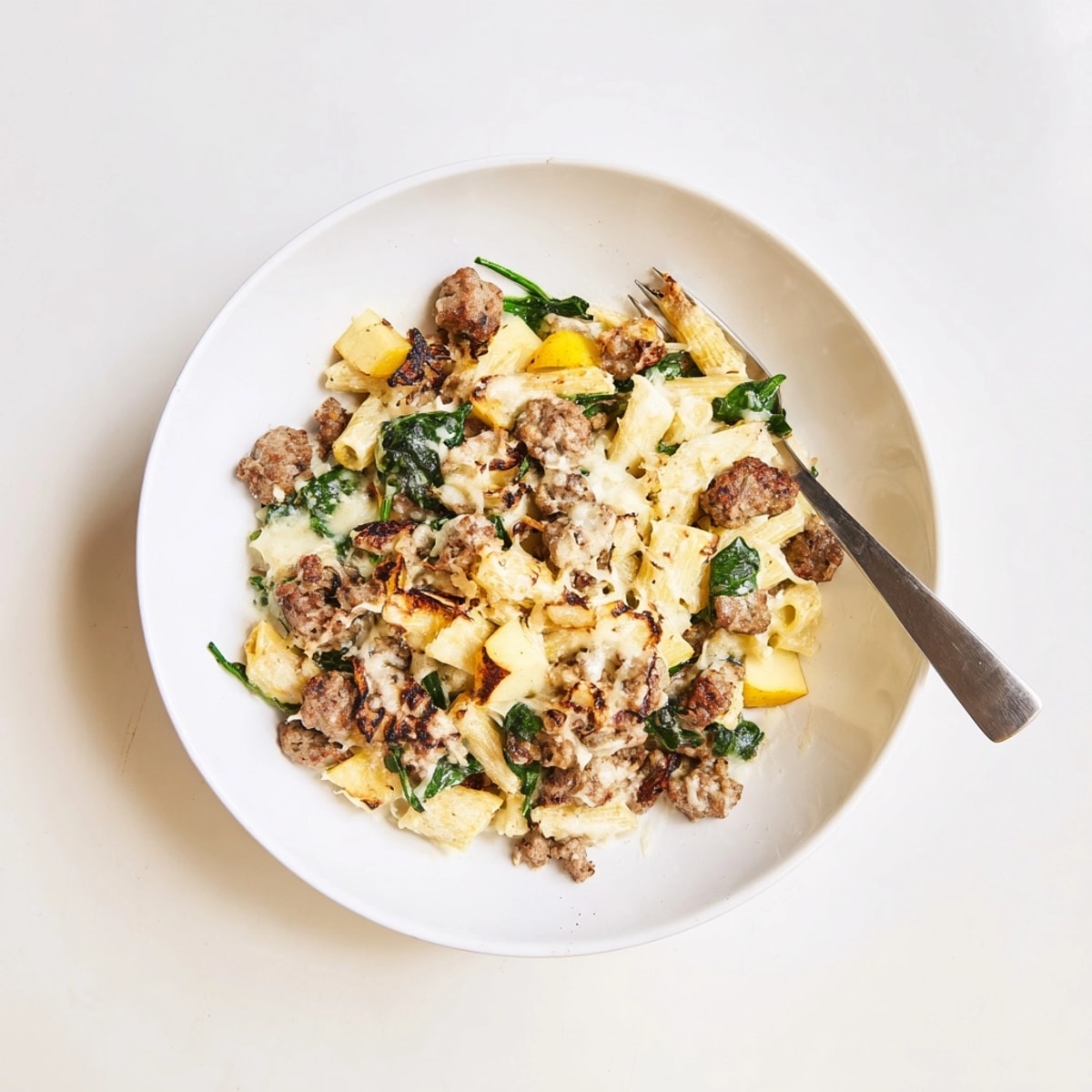 Savory Roasted Apple and Sausage Pasta Skillet with sweet caramelized apples and browned sausage.