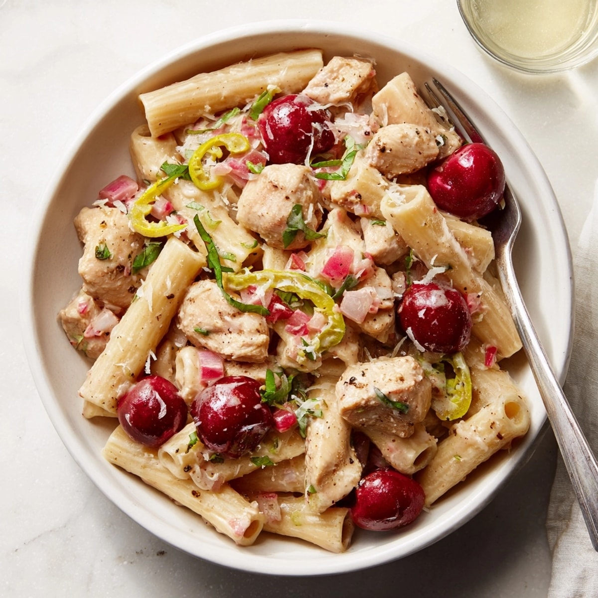 Creamy Cherry Jalape&#241;o Chicken Pasta plated, ready to eat, a sweet and spicy delight.