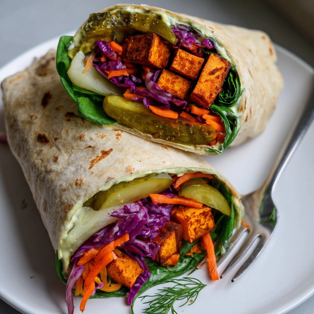 Close-up of a colorful Sweet Potato & Pickle Chip Wrap, showcasing the vibrant ingredients.