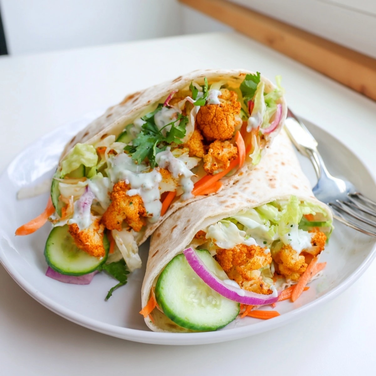Pile of spicy Vegan Buffalo Cauliflower Wraps, showcasing red-hot buffalo sauce dripping.