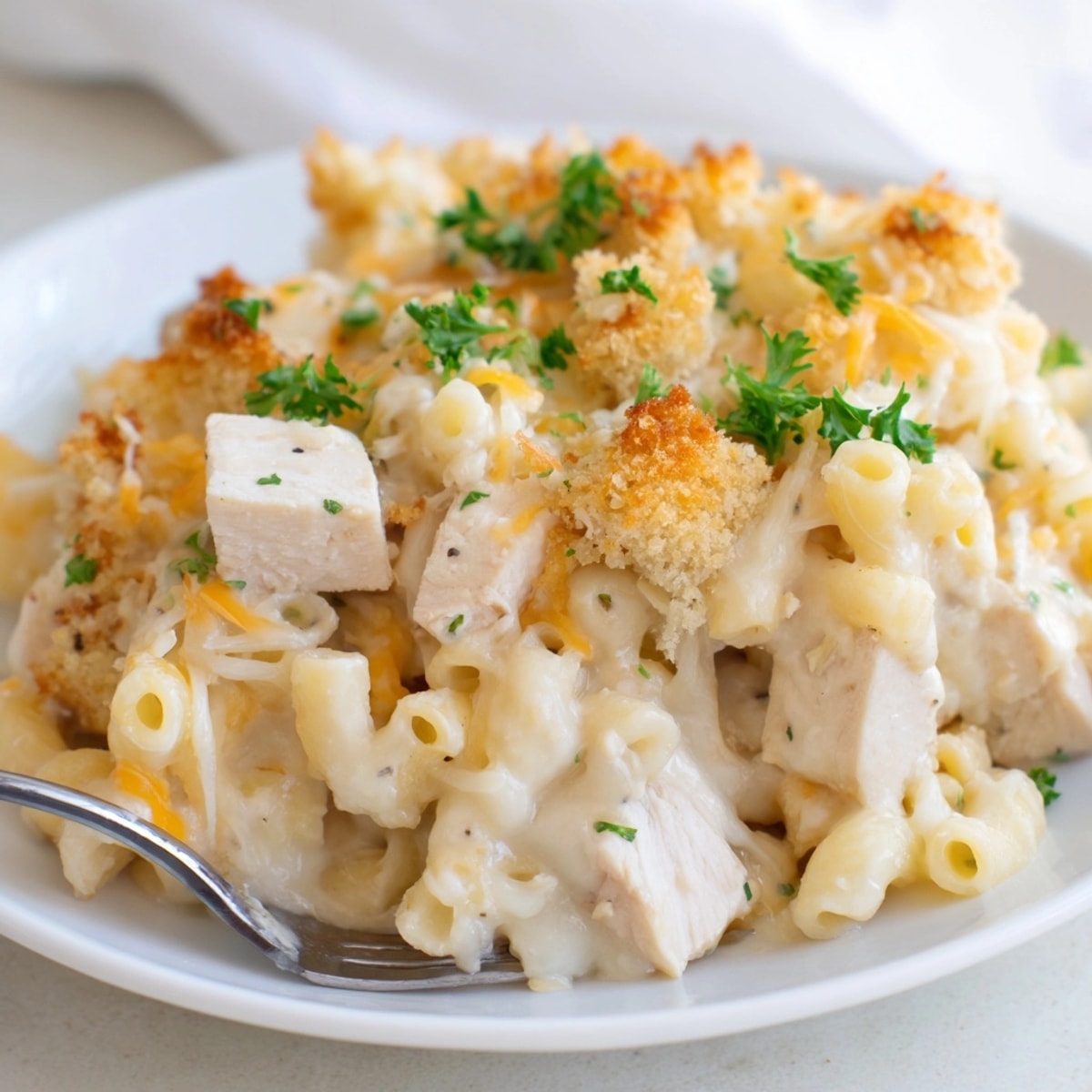 Golden, bubbling Mac and Cheese Chicken Alfredo Bake, hot from the oven and ready.