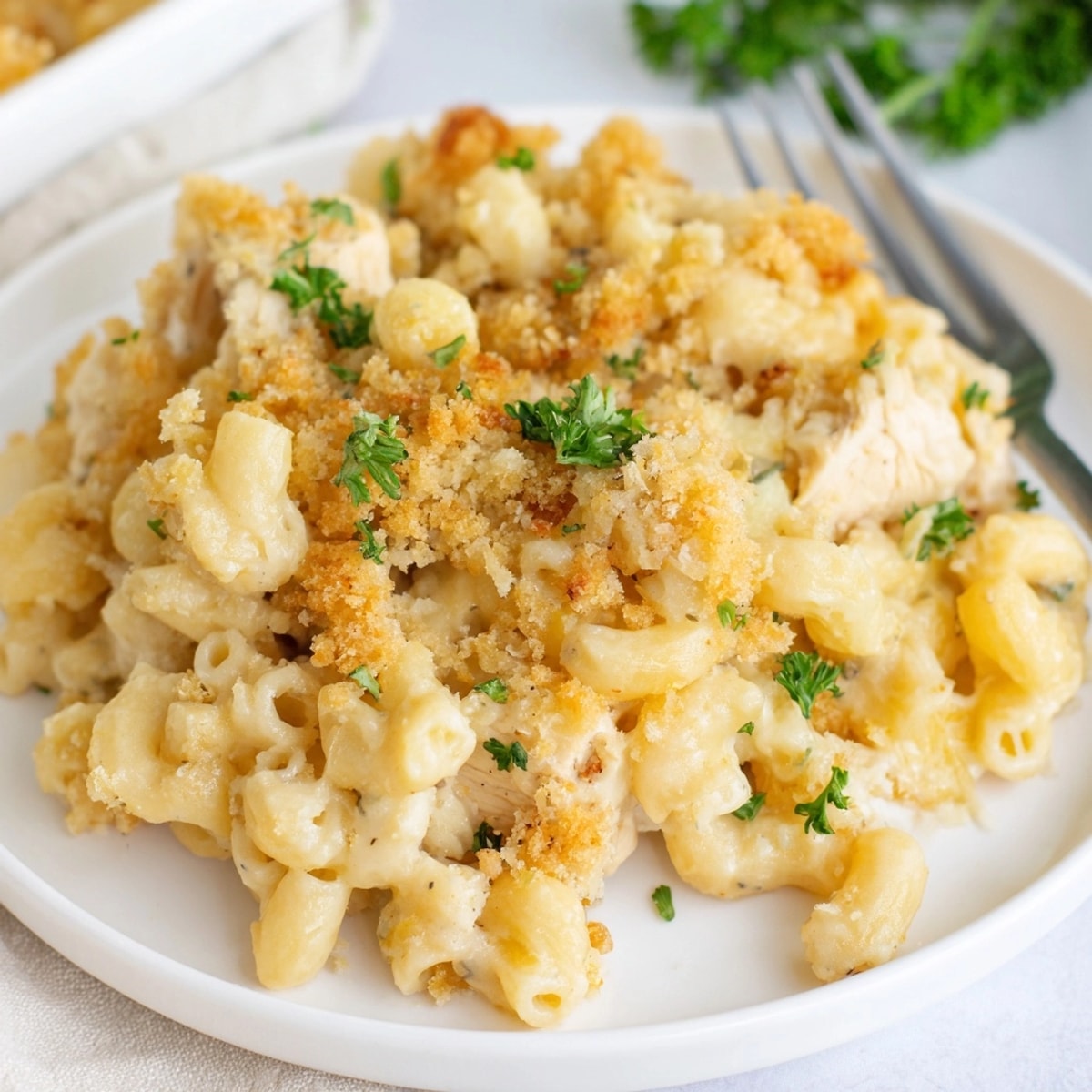 Close-up of a delicious Mac and Cheese Chicken Alfredo Bake with golden breadcrumbs.