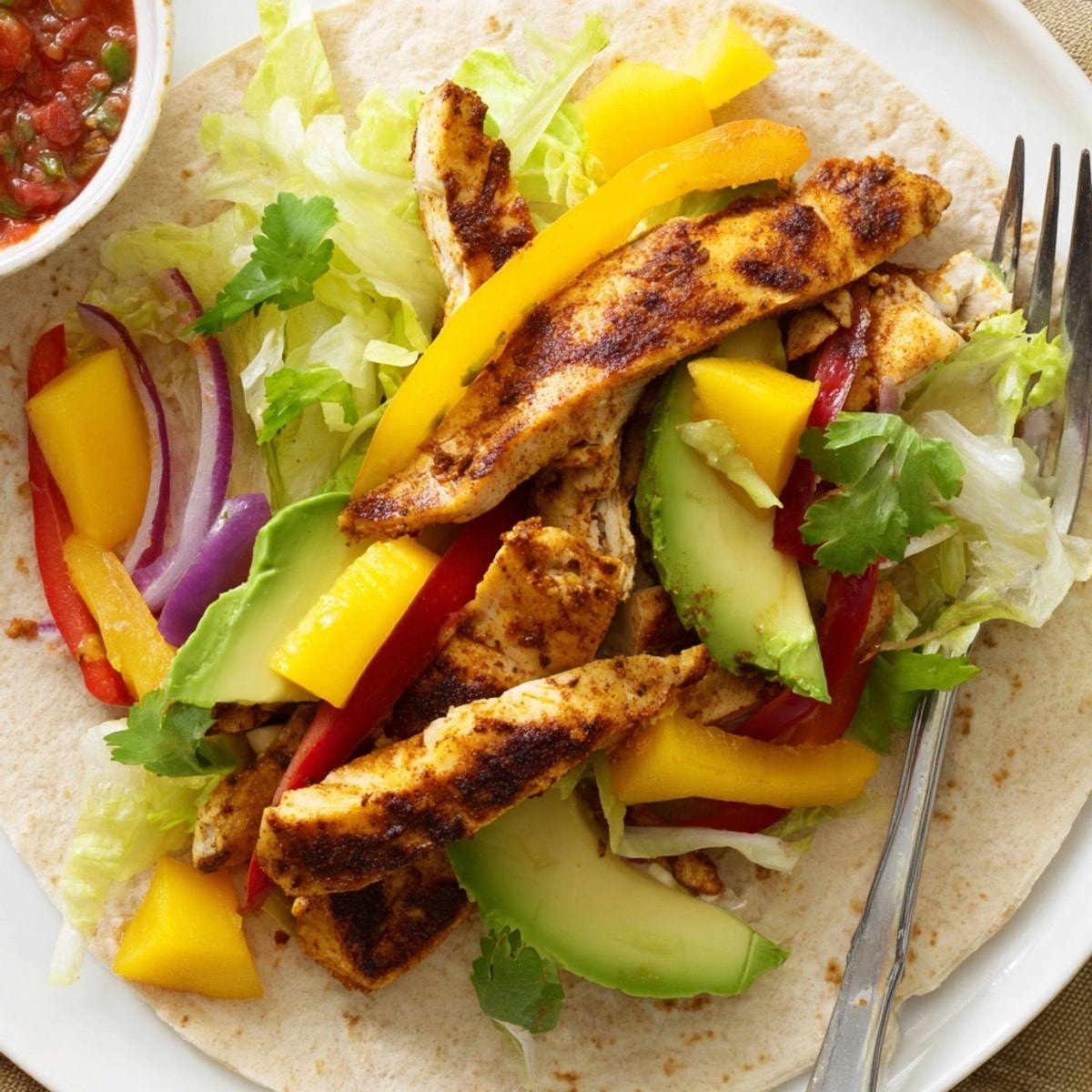 Close up of a Mango Avocado Chicken Burrito with vibrant, fresh ingredients.