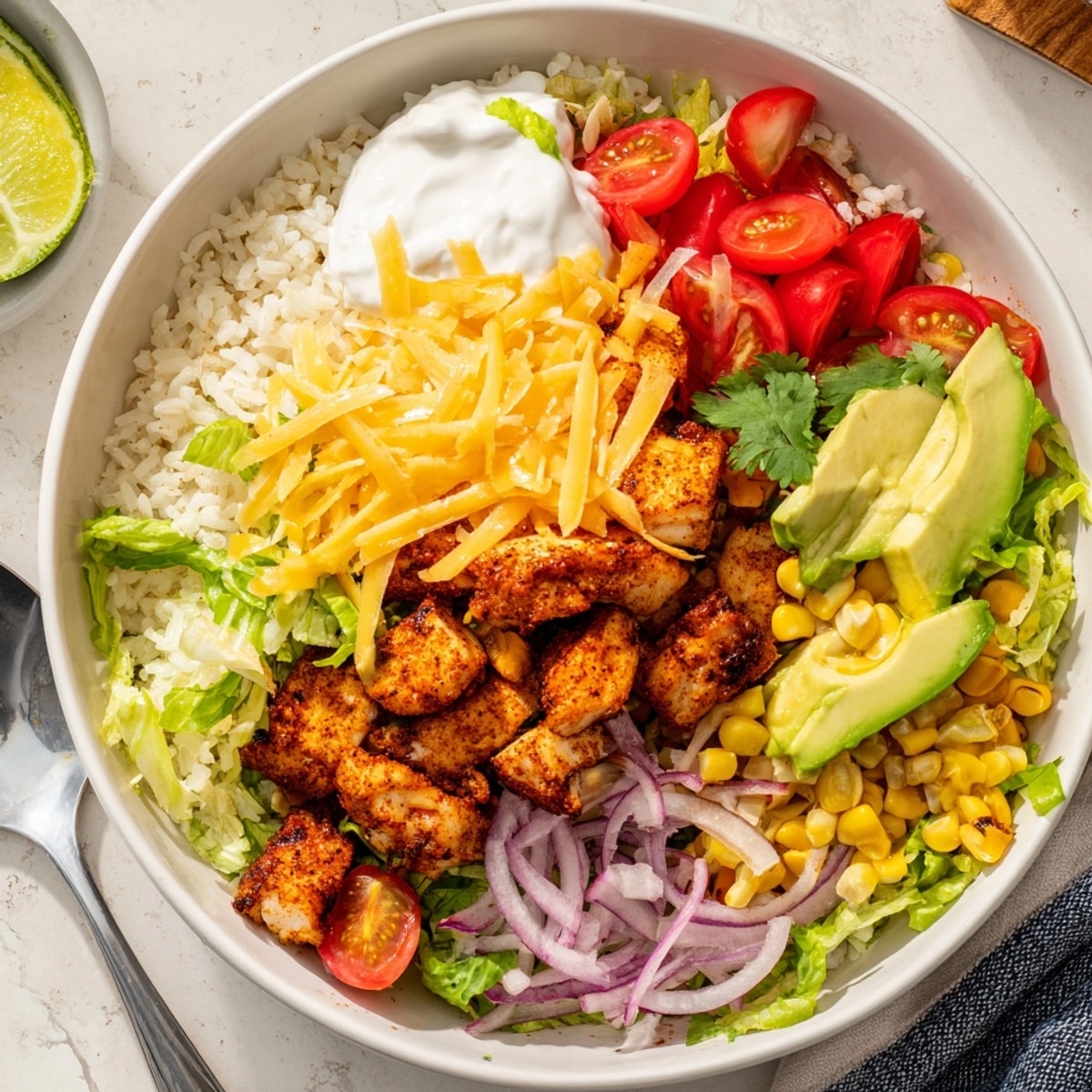 Golden, flaky fish in Cheesy Cajun Fish Taco Bowls, topped with cool zesty lime.