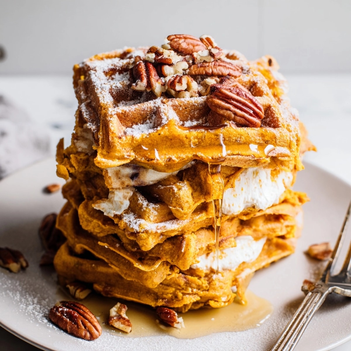 Imagine creamy ricotta pumpkin waffle stacks, perfect for a festive fall breakfast spread.