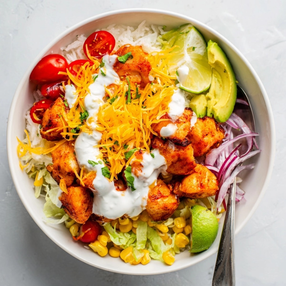 Close-up of vibrant Cheesy Cajun Fish Taco Bowls, savory aroma rising.