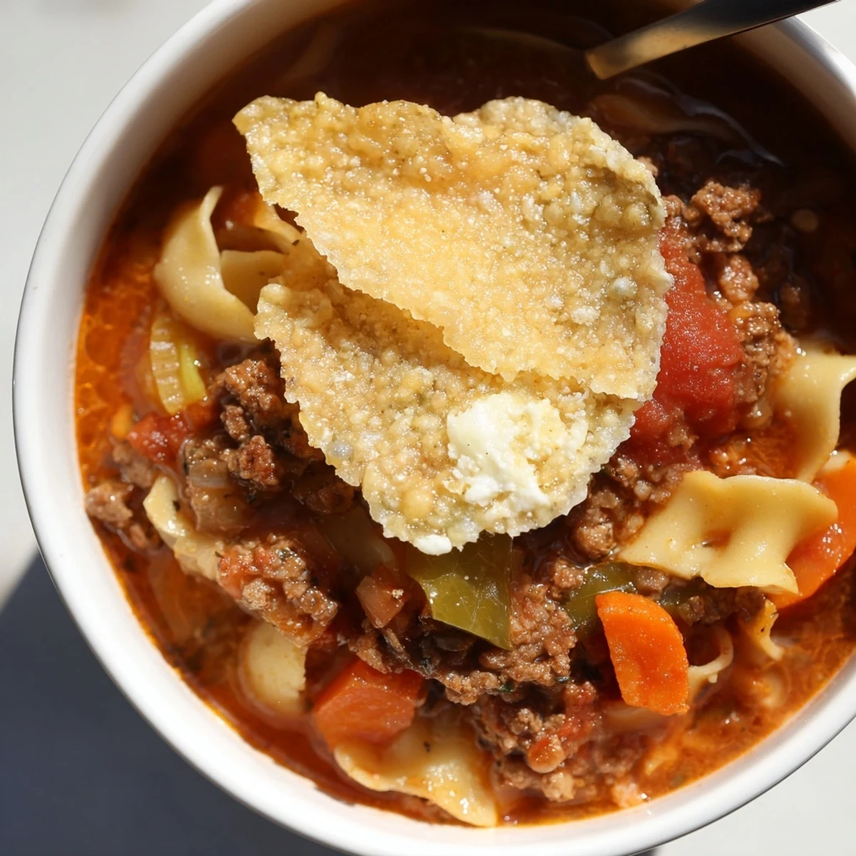 Savory Lasagne Soup with crispy Parmesan topping and fresh basil garnish.  