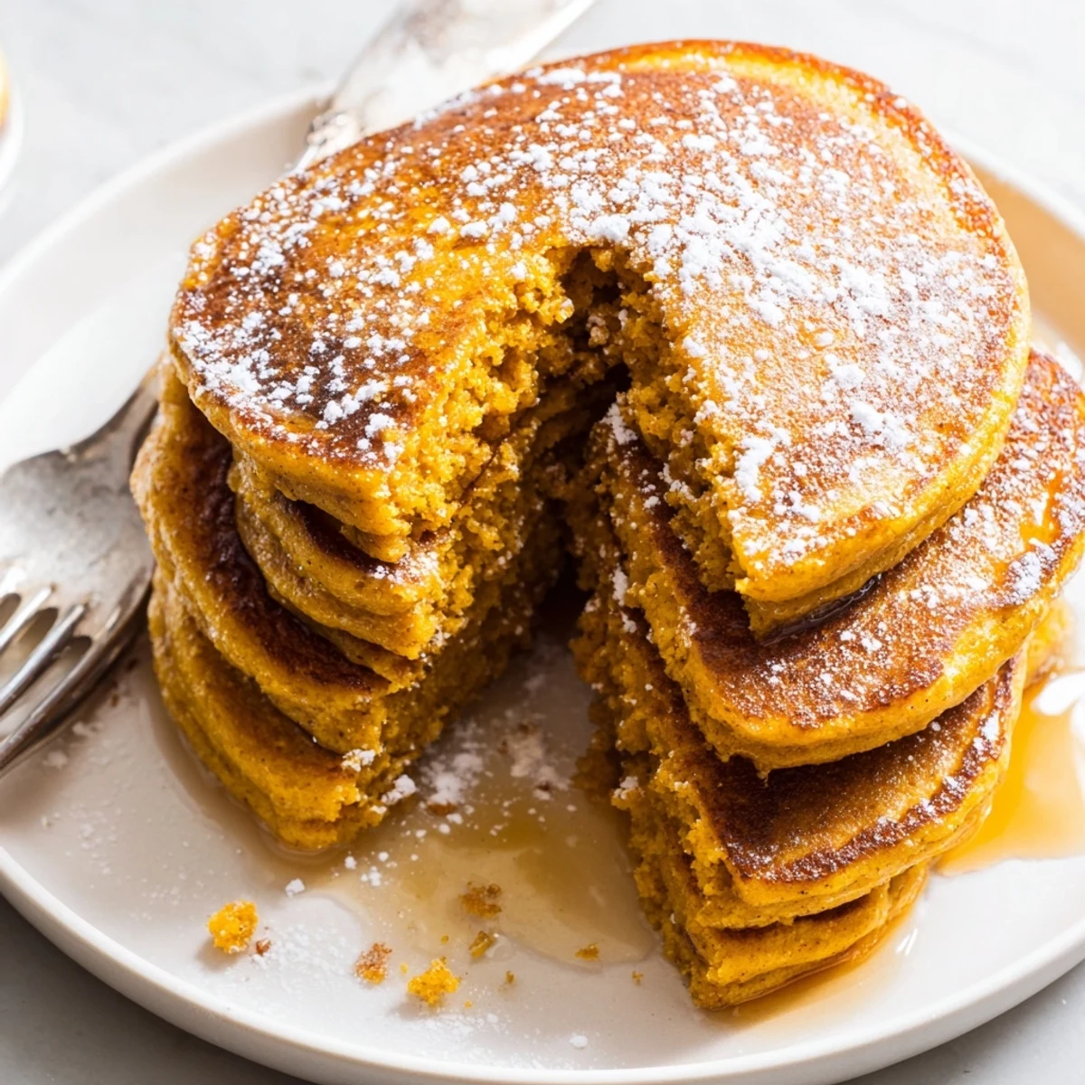 Fluffy Gingerbread Pumpkin Muffin Pancakes, drizzled with syrup, evoke autumn flavors.  