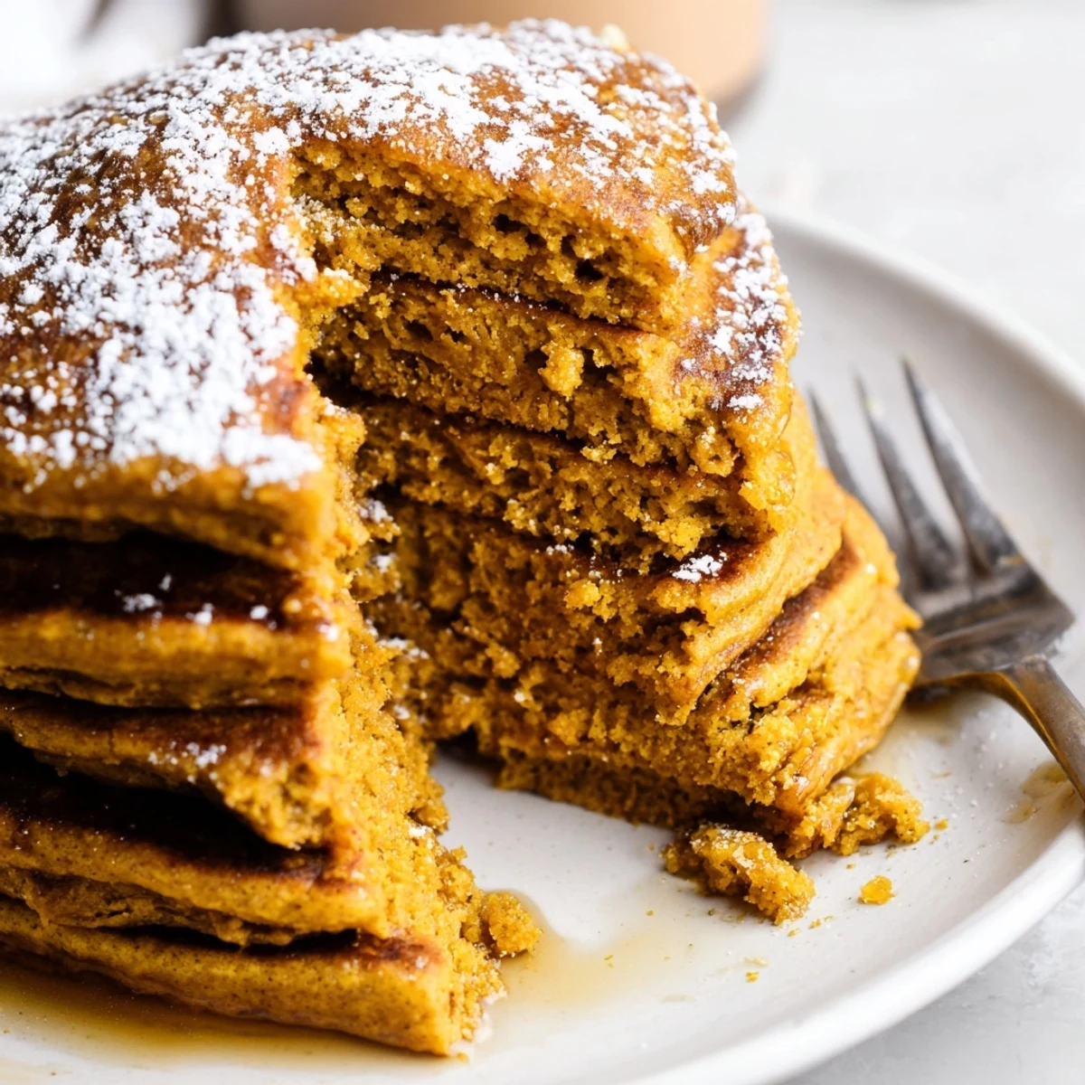 Deliciously warm Gingerbread Pumpkin Muffin Pancakes served with whipped cream and spices.  