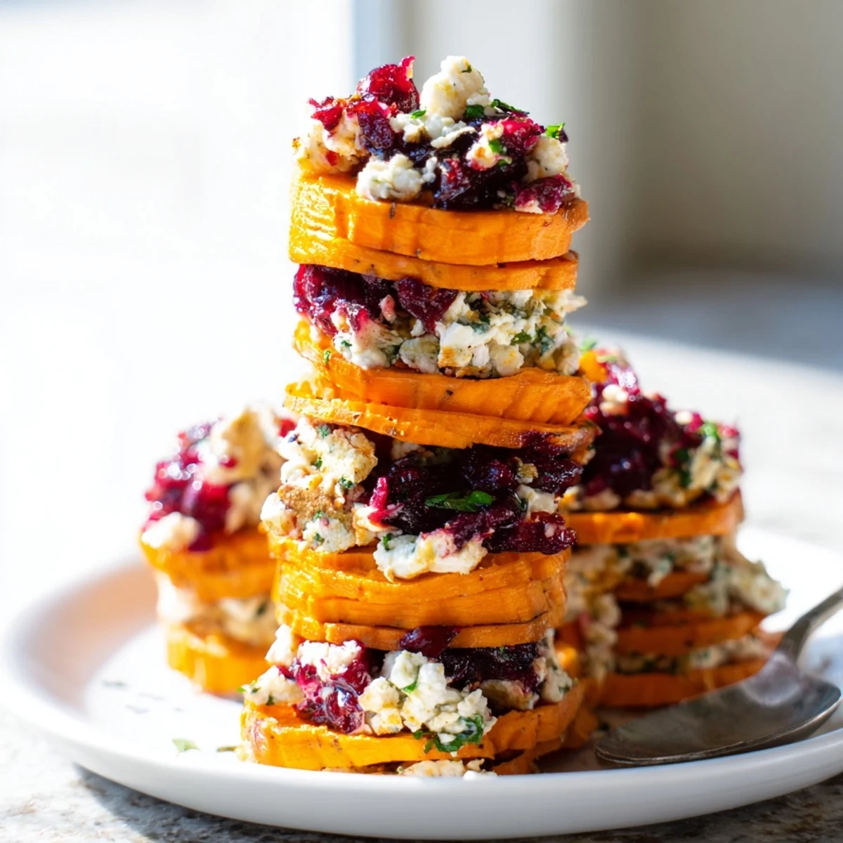 Layers of roasted sweet potato topped with zesty cranberry jalapeño dip and cheese.  