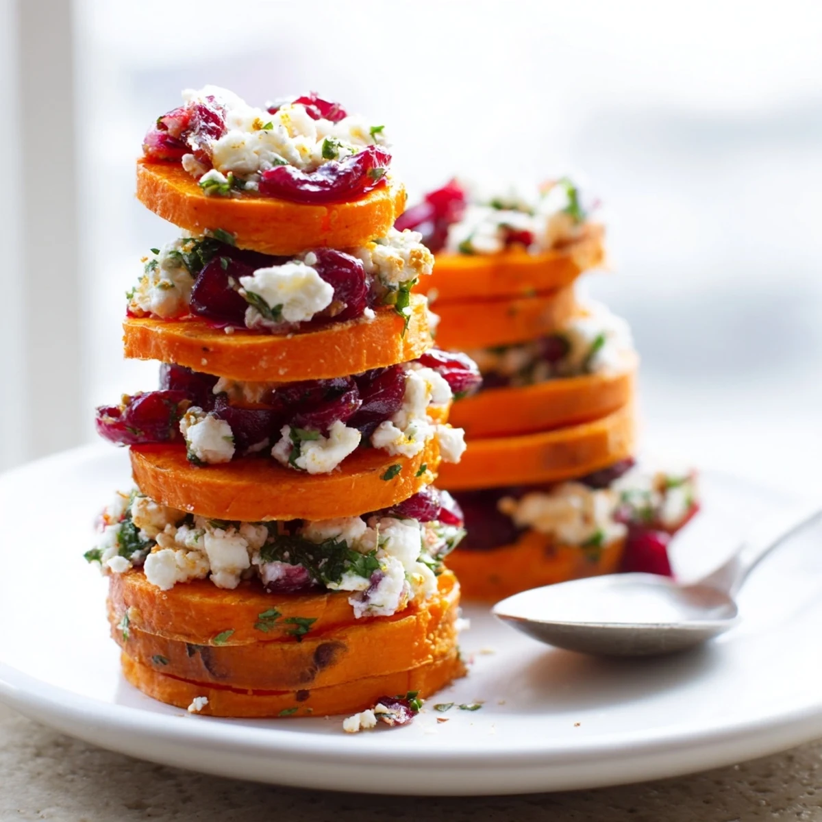 Vibrant cranberry jalapeño dip crowns savory sweet potato stacks, perfect for entertaining.  