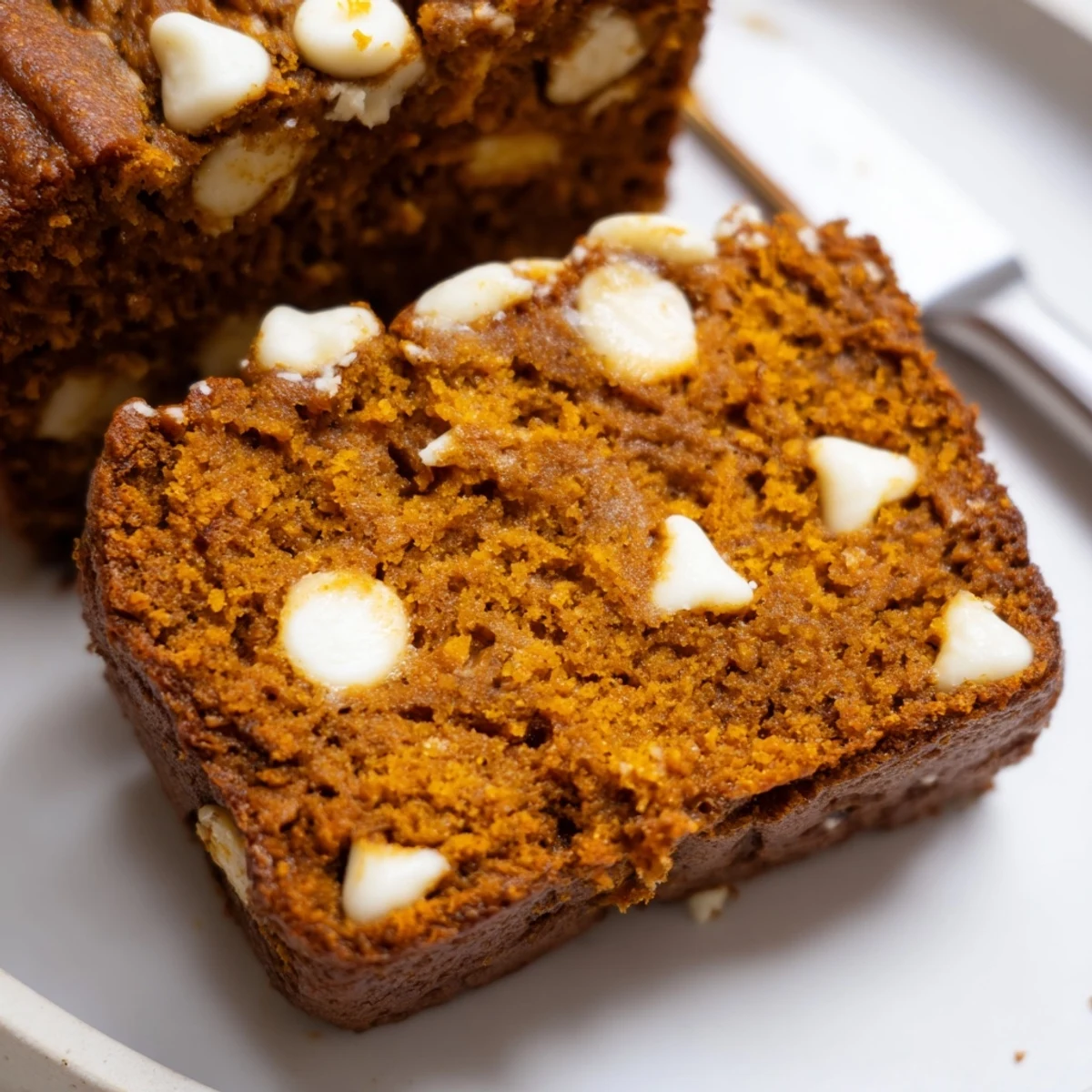 Moist pumpkin white chocolate muffin loaf, drizzled with melted chocolate and spices.  