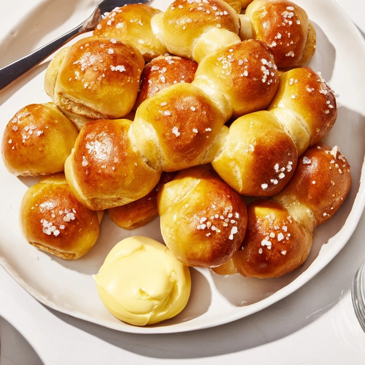 Soft, golden Holiday Snack Pretzel Bites served with savory miso butter dip.  