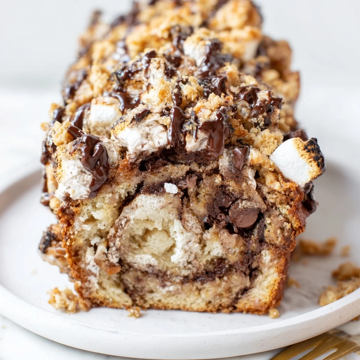 Decadent Smores Cinnamon Pretzel Muffin Loaf with melted chocolate and toasted marshmallows.  