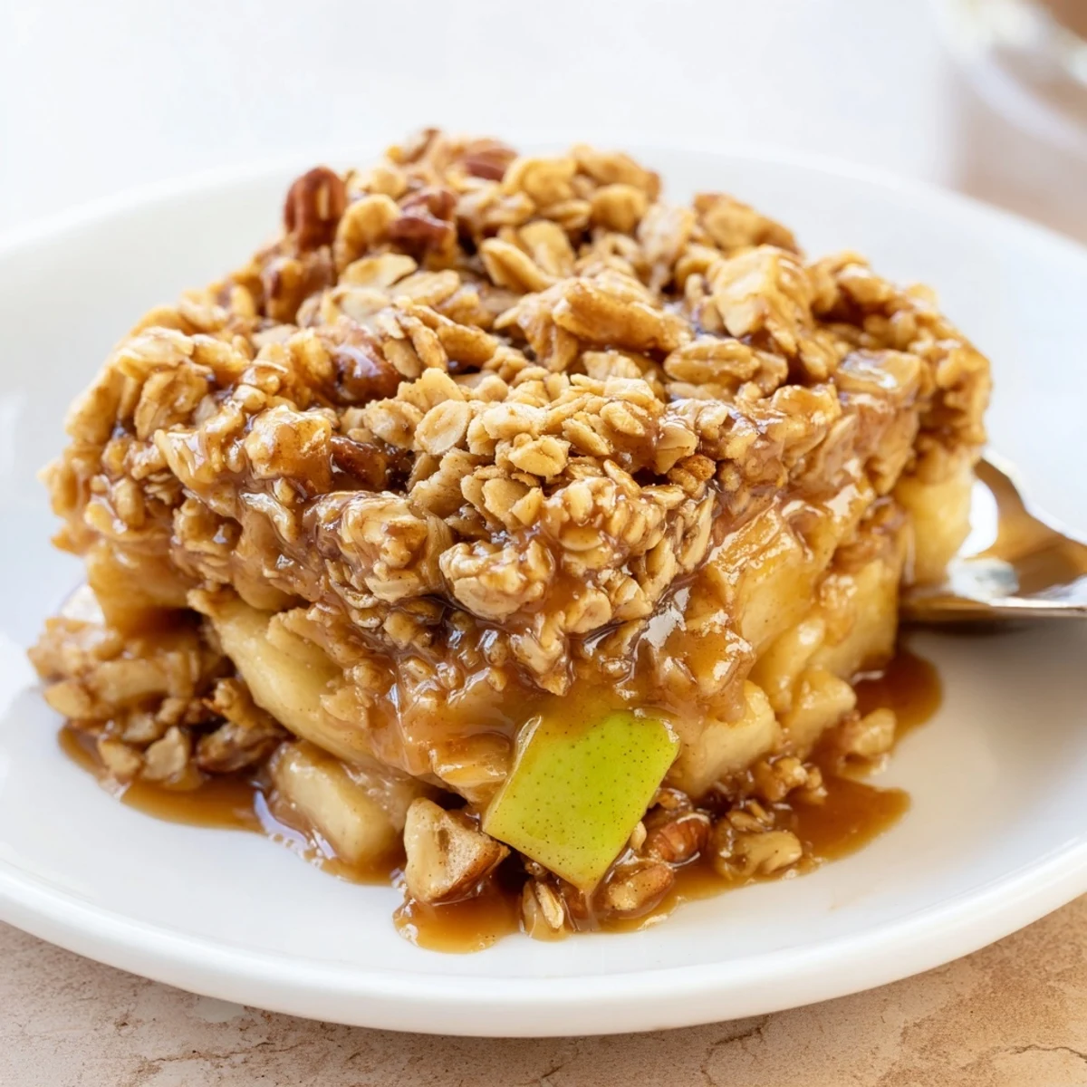 Luscious Maple Bourbon Caramel Apple Crunch topped with oat crumble, perfect for fall gatherings.  