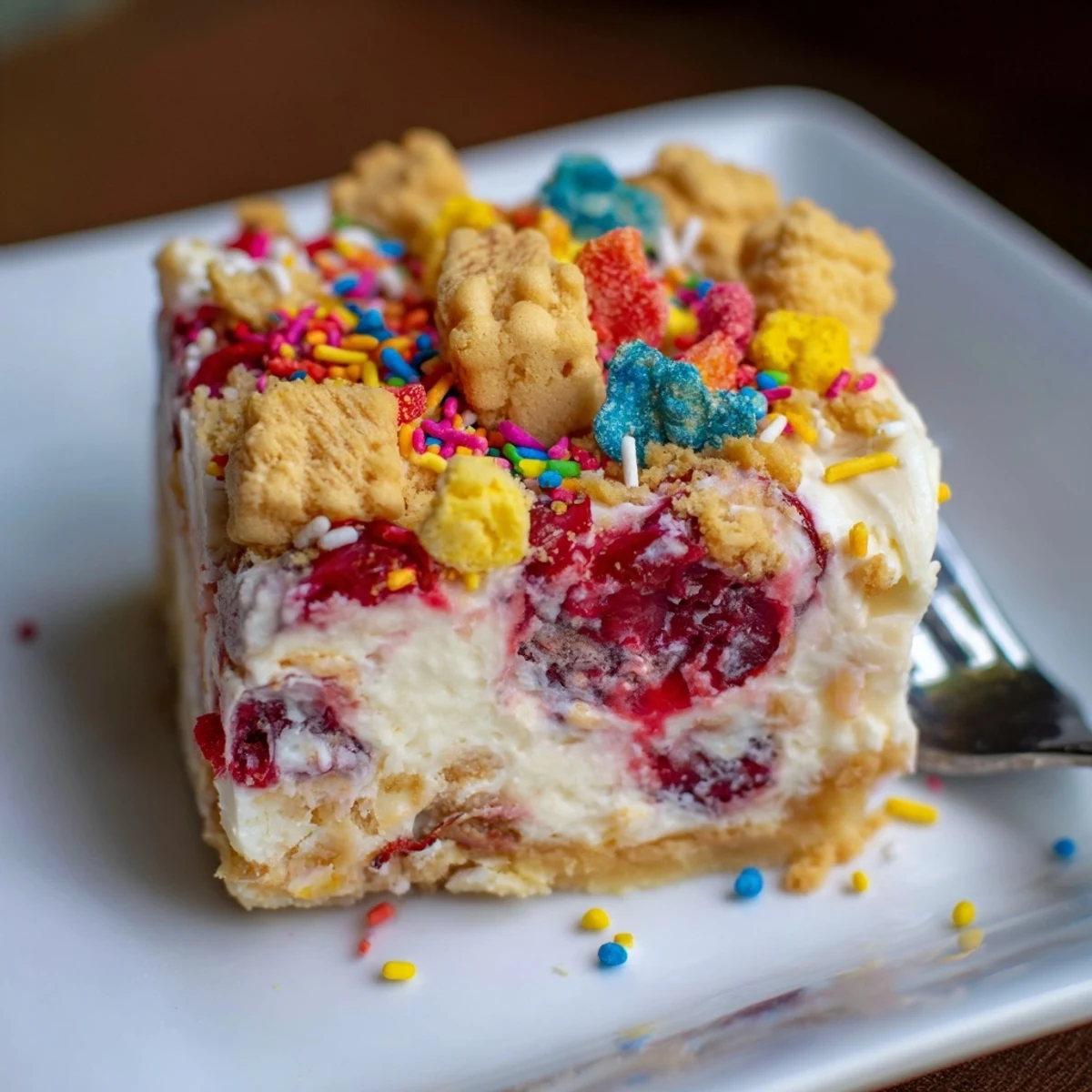 Creamy cherry cheesecake birthday cake bars topped with colorful sprinkles, perfect for celebrations.  