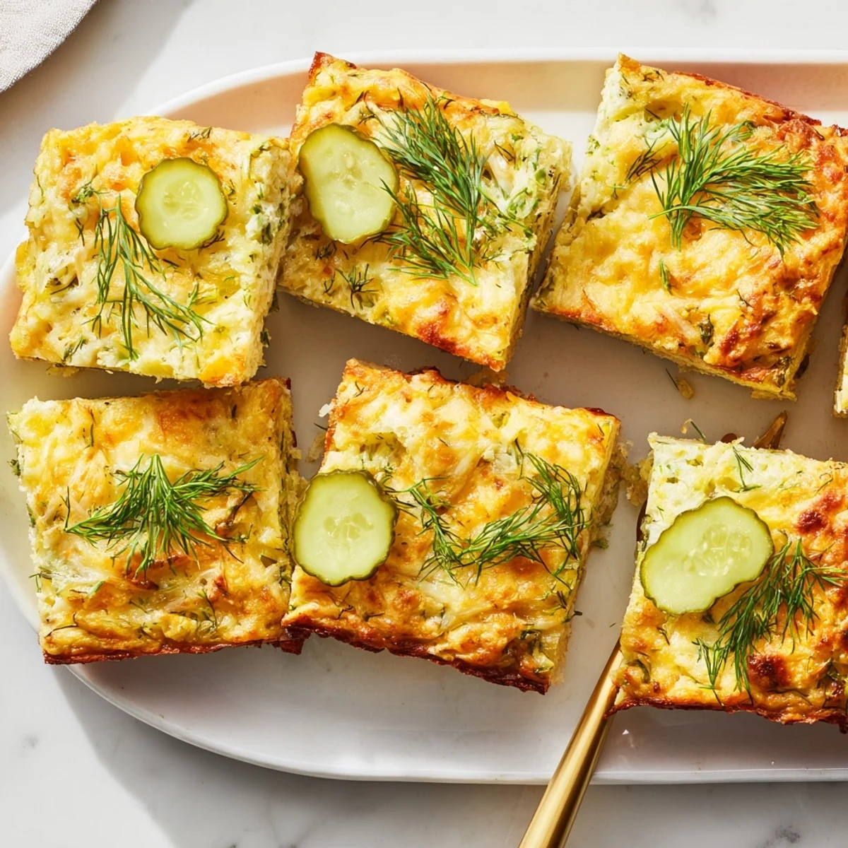 Savory dill pickle casserole pancake squares served warm with melty cheese topping.  