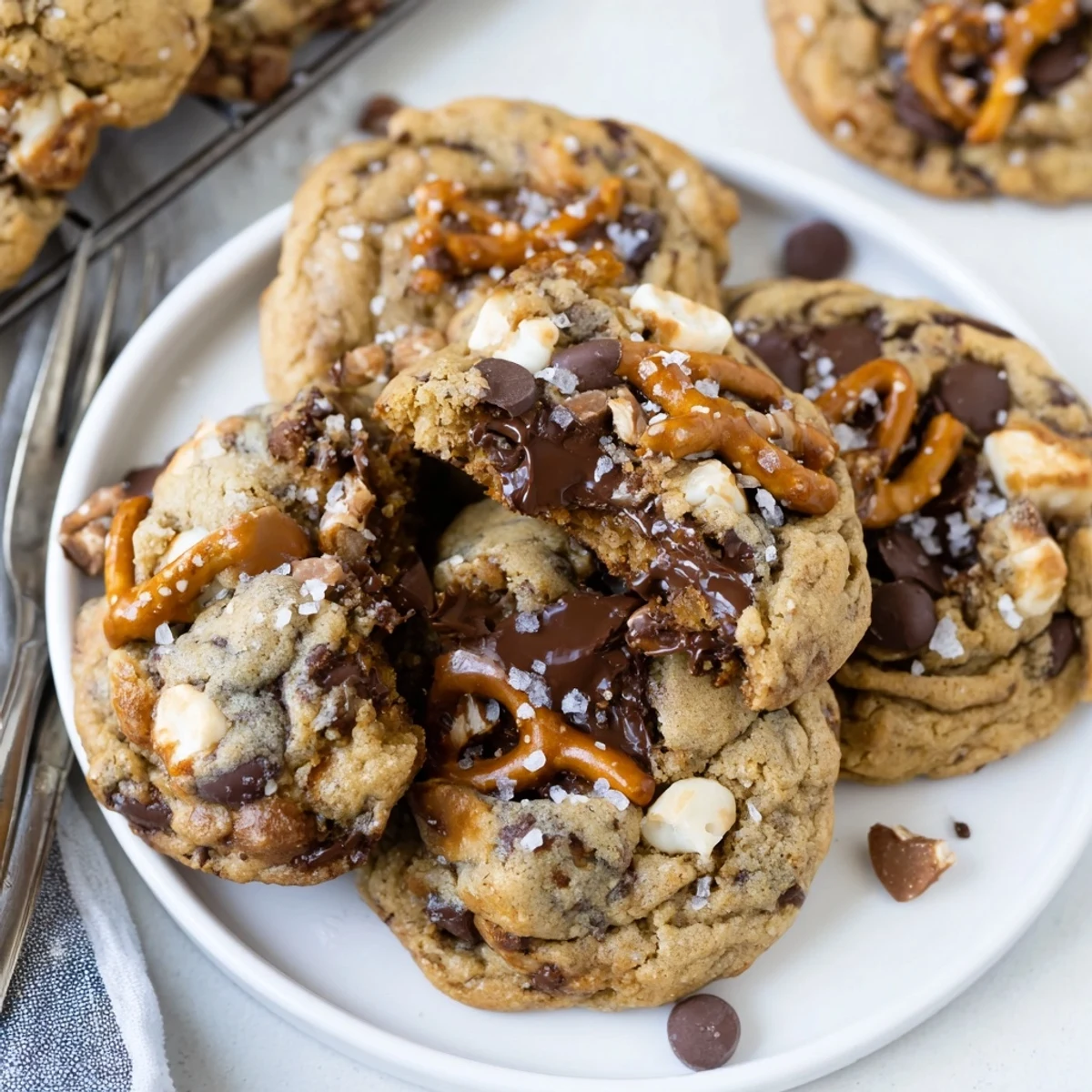 Warm, gooey salted caramel pretzel chocolate chip cookies, a perfect sweet treat!  