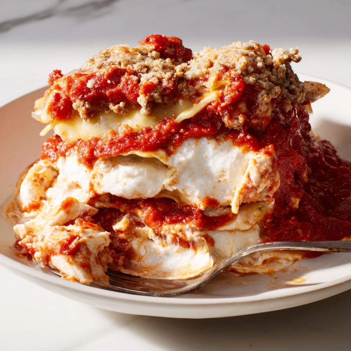 Hearty Crockpot Ravioli Lasagna with layers of cheese and rich marinara sauce.  
