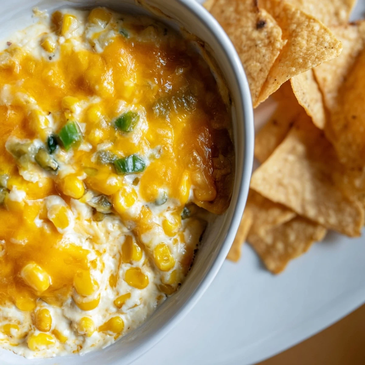 Creamy Cheesy Jalapeño Corn Dip bubbling with melted cheese, served with crispy tortilla chips.  