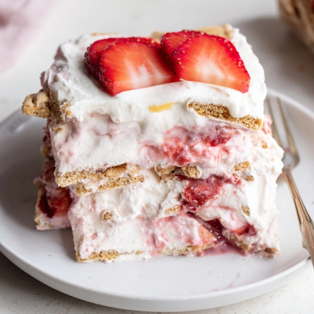No-bake Strawberry Lemonade Icebox Cake enticing layers of strawberries and sweet cream.  