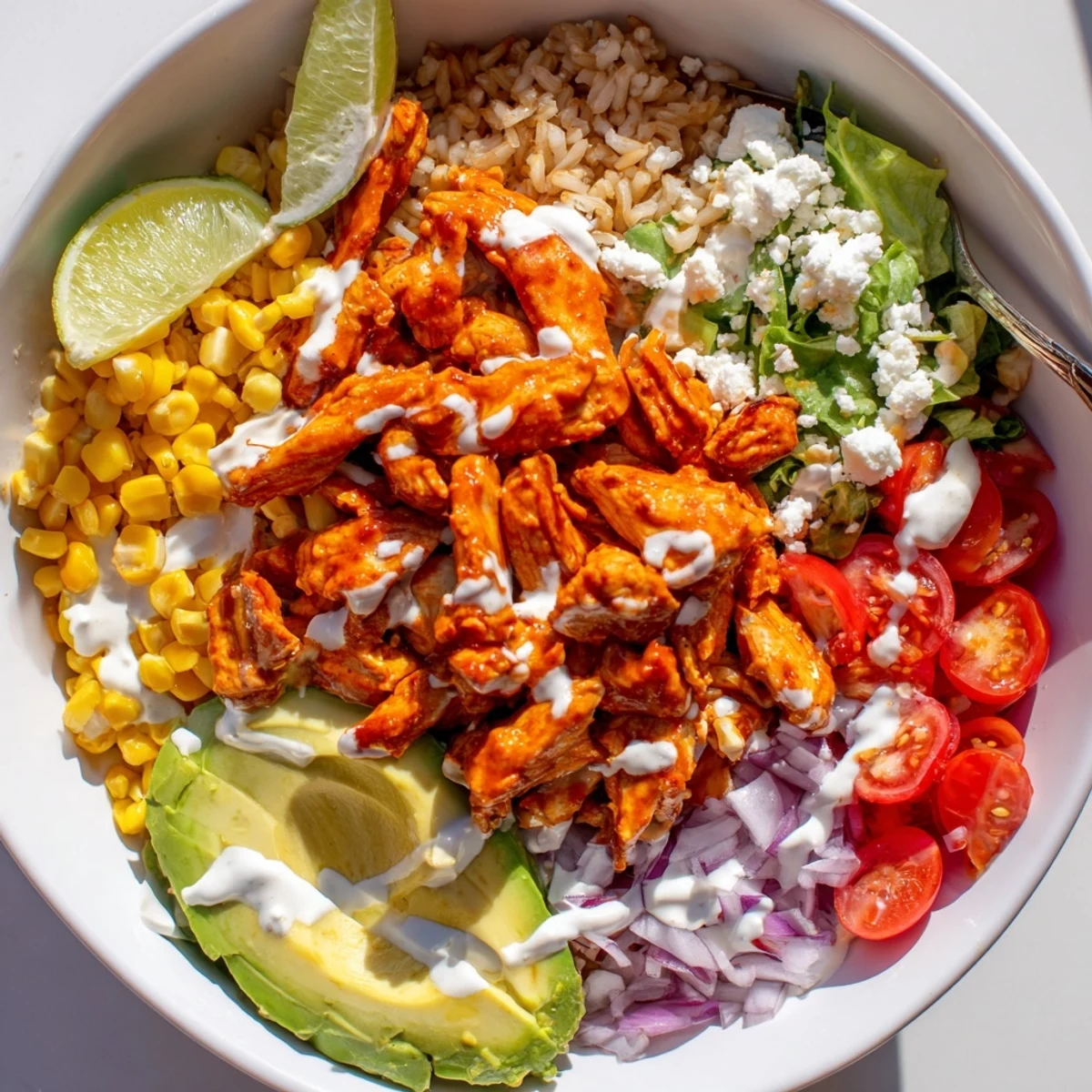 Vibrant Buffalo Chicken Bowls with spicy chicken, fresh veggies, and creamy avocado slices.  