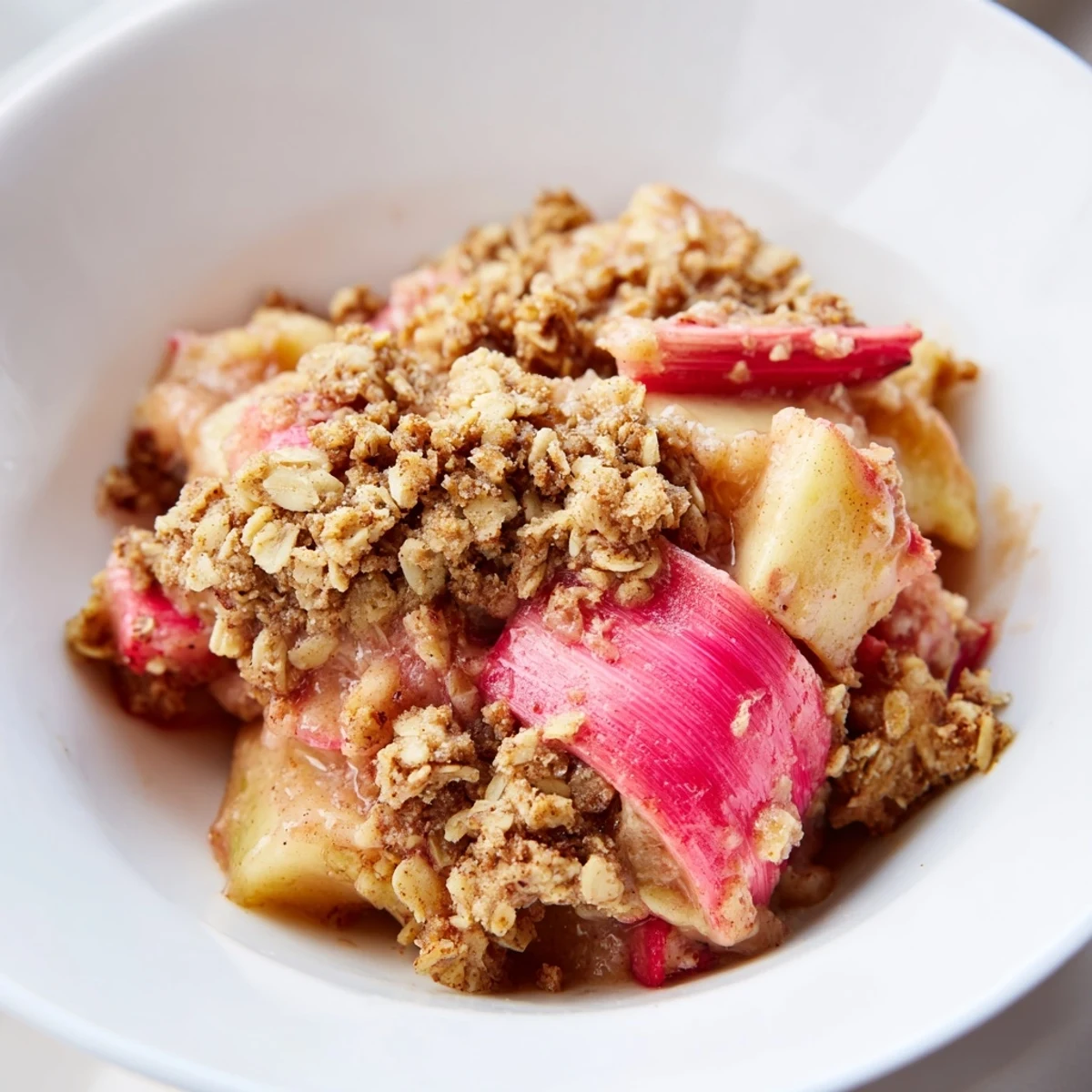 Freshly baked apple rhubarb crisp topped with golden oat crumble, perfect for dessert.  
