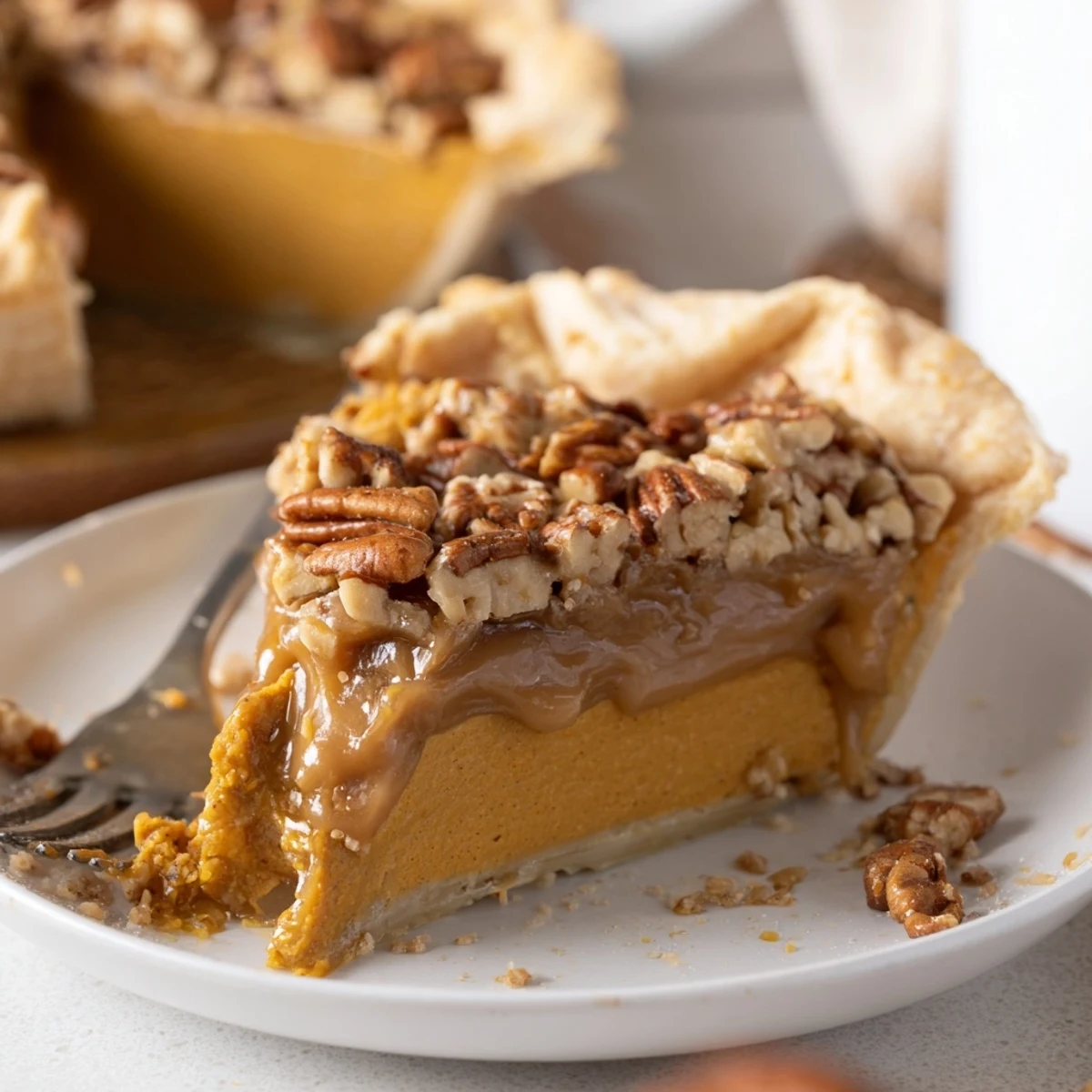 Indulge in a slice of Pumpkin Pecan Caramel Pie, drizzled with rich caramel.  