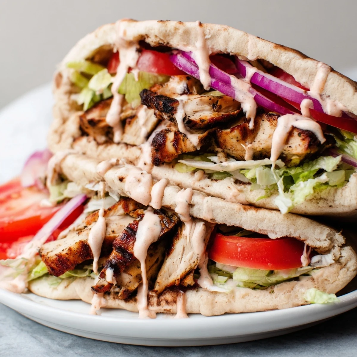 Delicious Chicken Shawarma wraps bursting with Mediterranean spices and fresh veggies.  