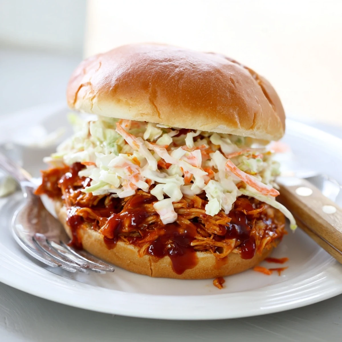 Savory BBQ chicken sliders topped with tangy coleslaw, perfect for summer gatherings.  