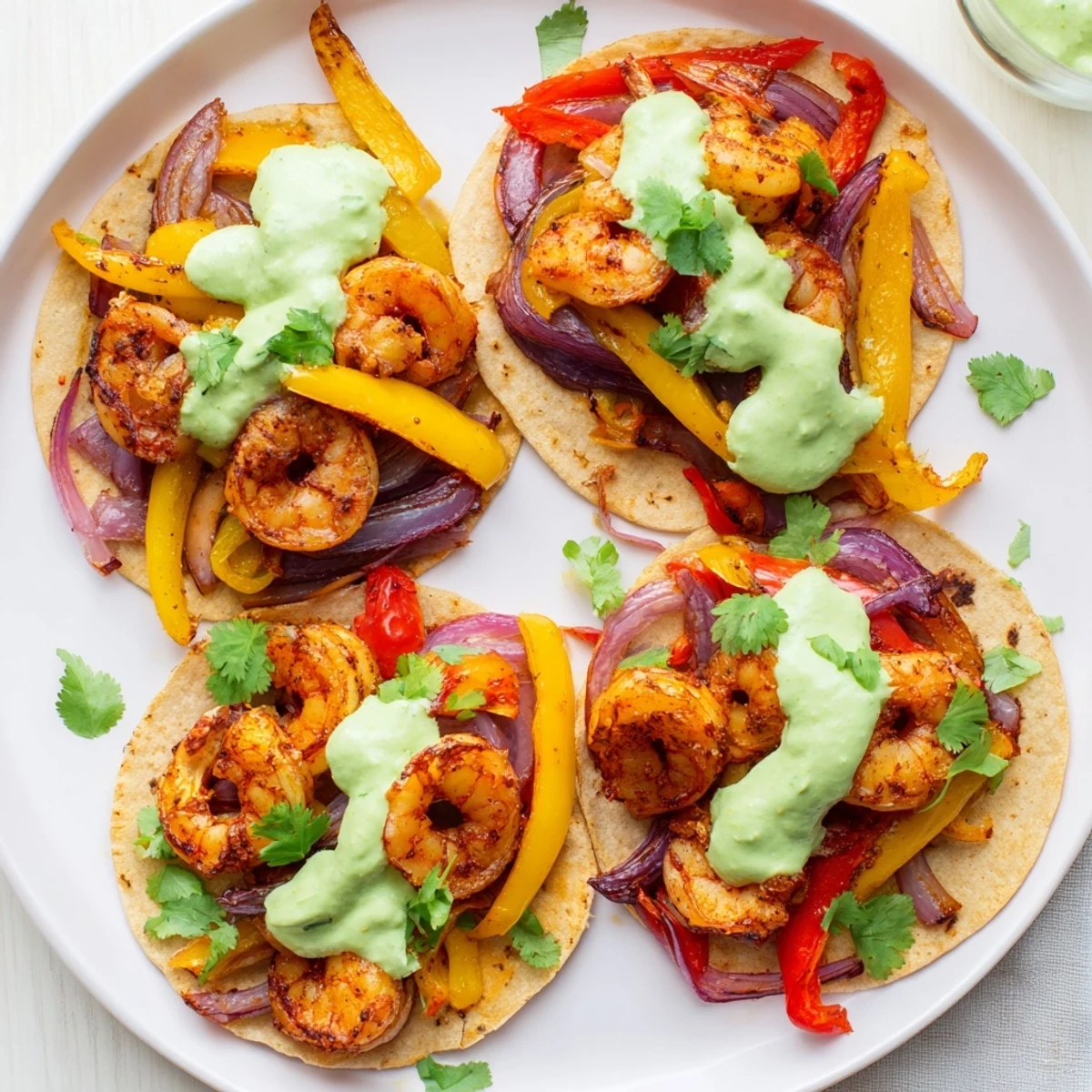 Juicy shrimp tacos topped with creamy avocado crema on warm tortillas.  