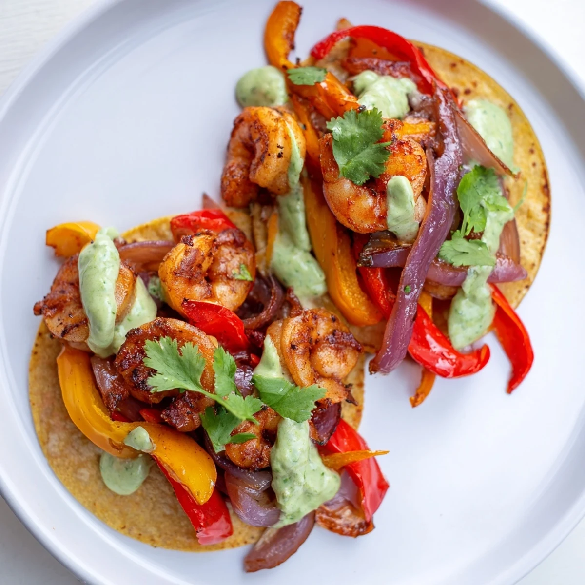 Sheet pan shrimp tacos loaded with colorful bell peppers and fresh cilantro.  