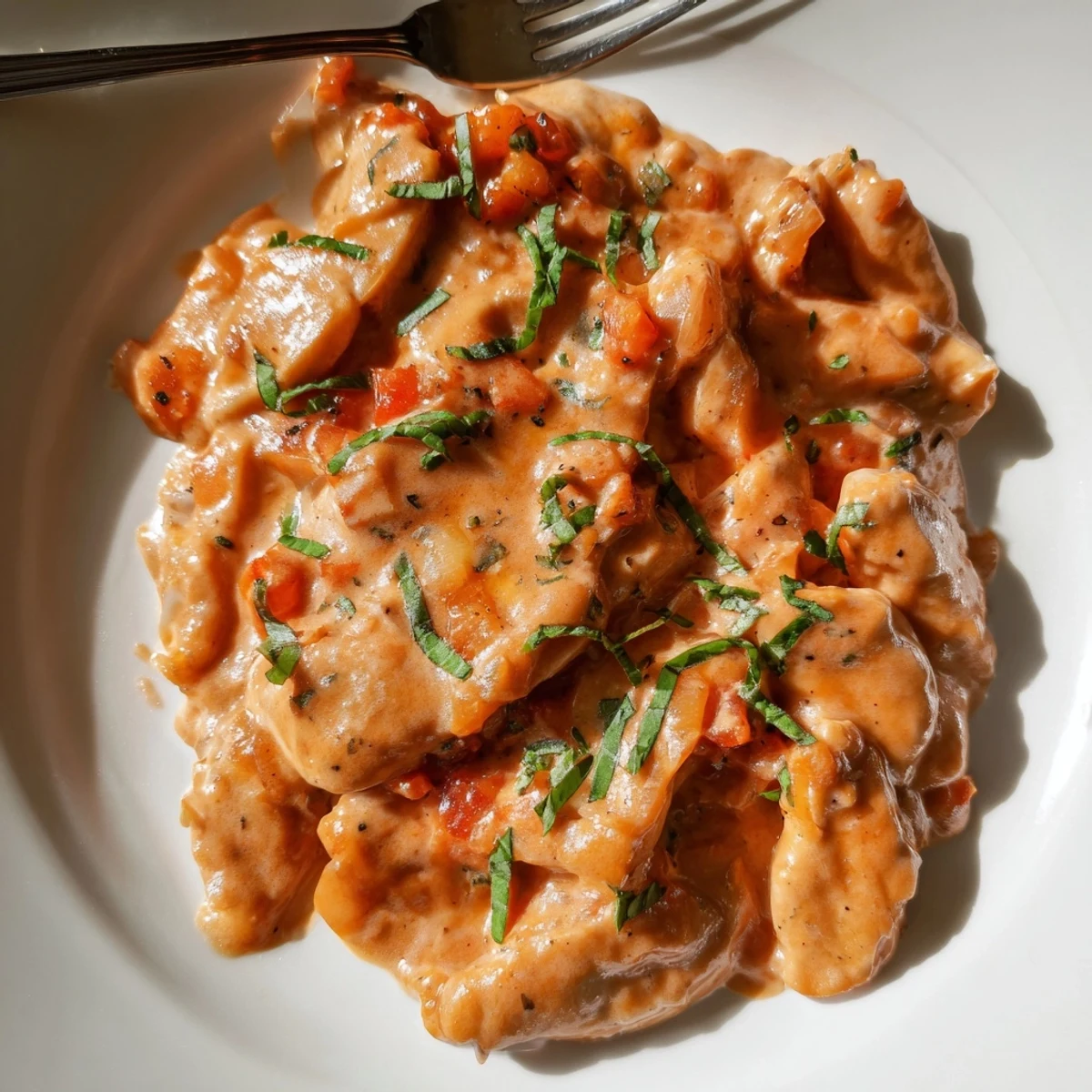 Tender Slow Cooker Creamy Tomato Basil Chicken garnished with herbs for a delightful meal.