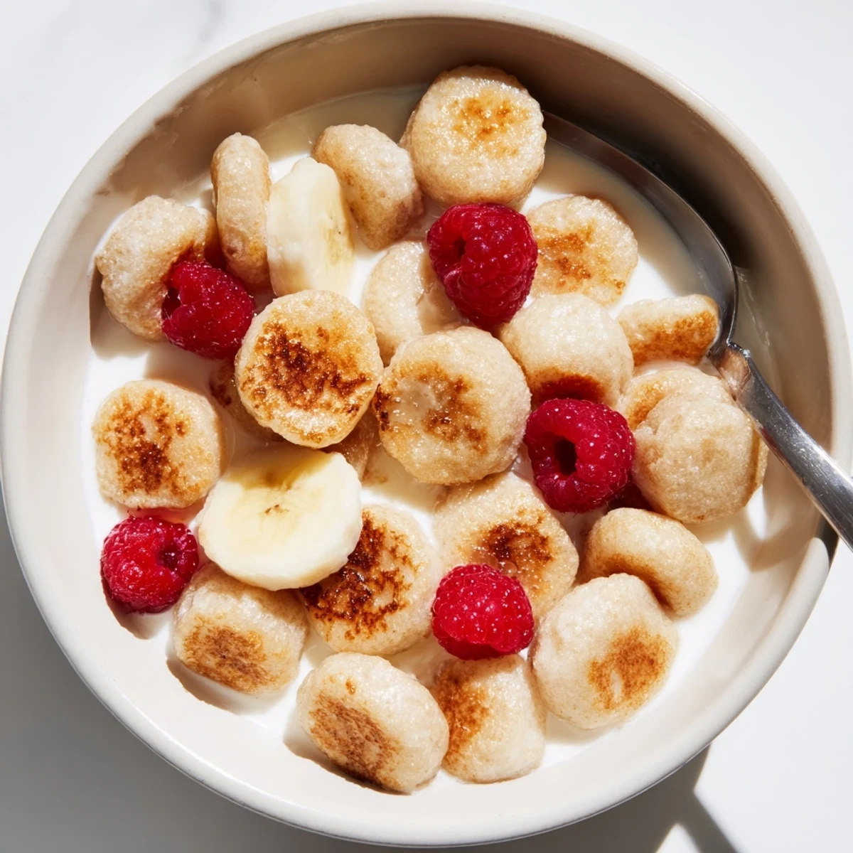 Bite-sized mini pancake cereal topped with fresh berries and maple syrup.  