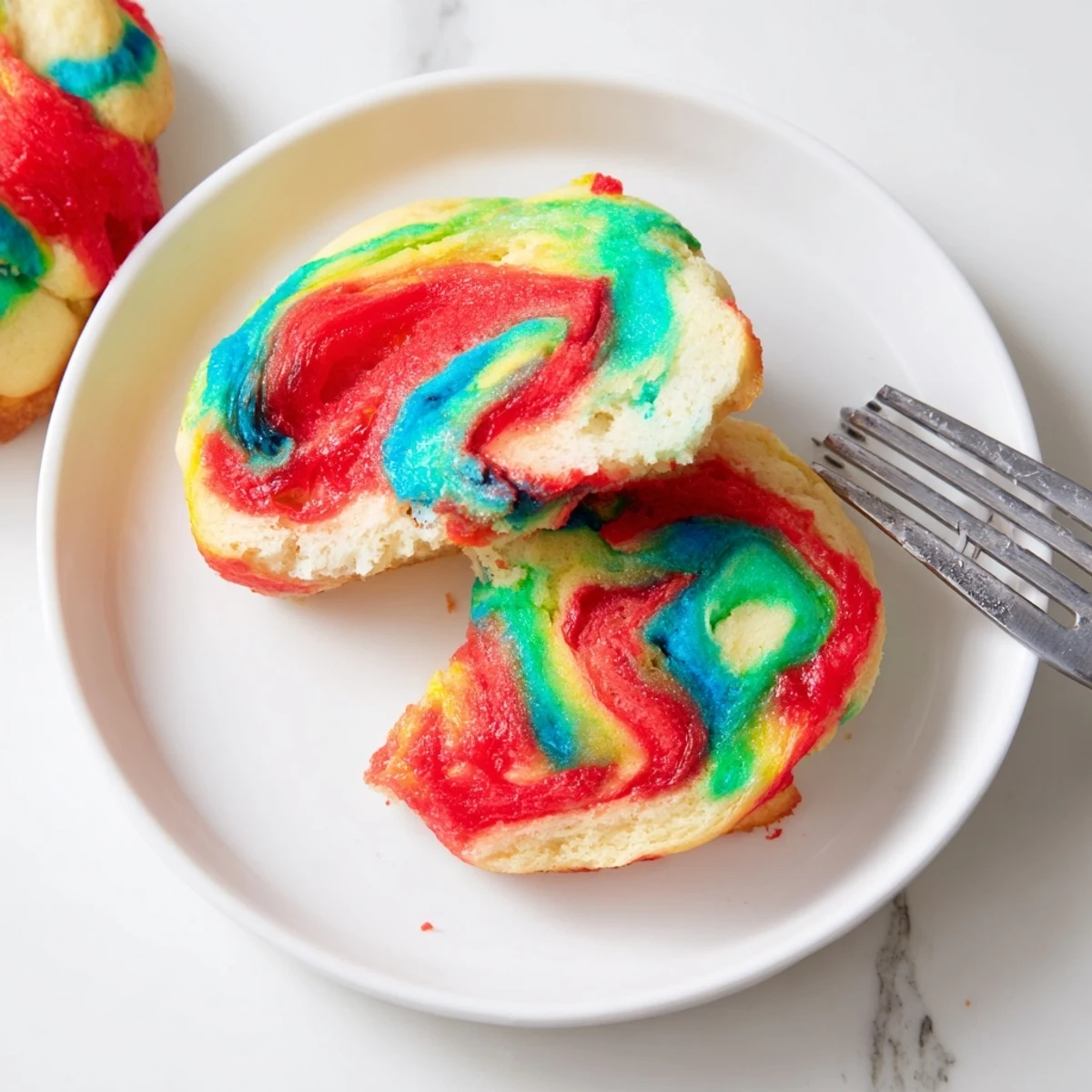Fluffy cloud bread in vibrant rainbow colors, perfect for festive gatherings and breakfast.