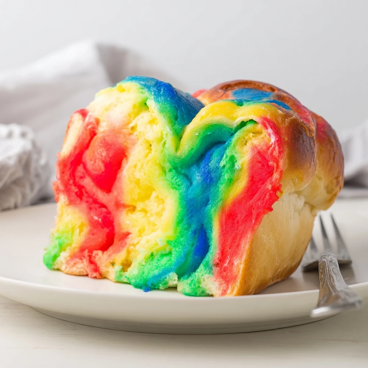 Deliciously light cloud bread swirled with rainbow hues, a delightful treat for any occasion.