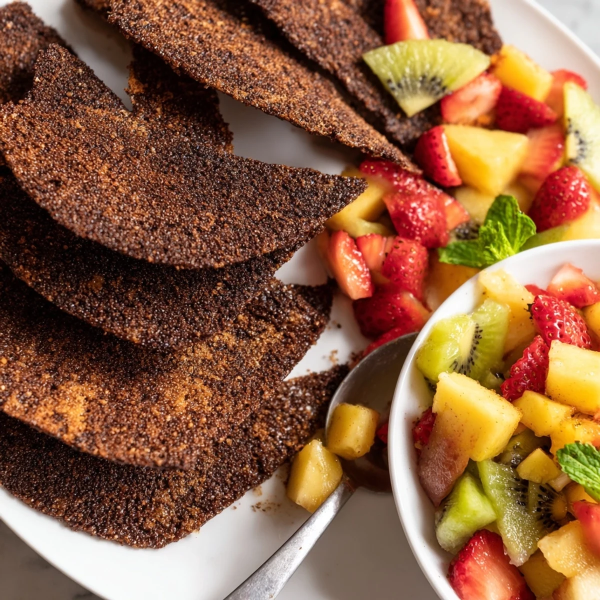 Homemade Dessert Chips & Salsa with chocolate tortillas and fresh fruit salsa.  