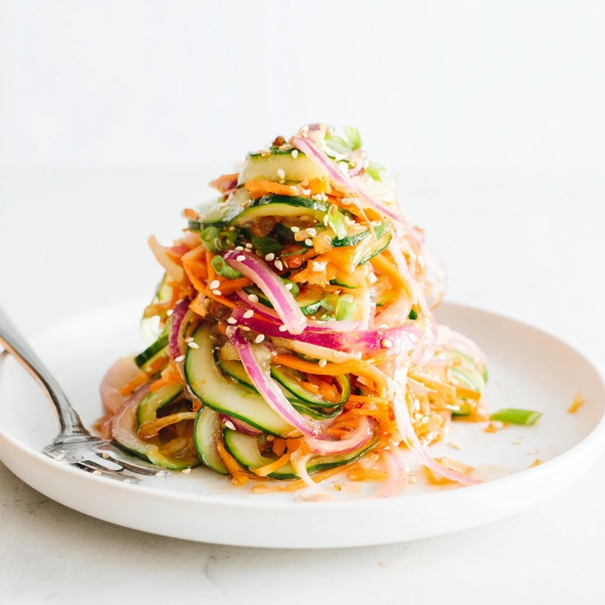 Vibrant cucumber salad remix with sesame dressing, perfect for a light appetizer.  