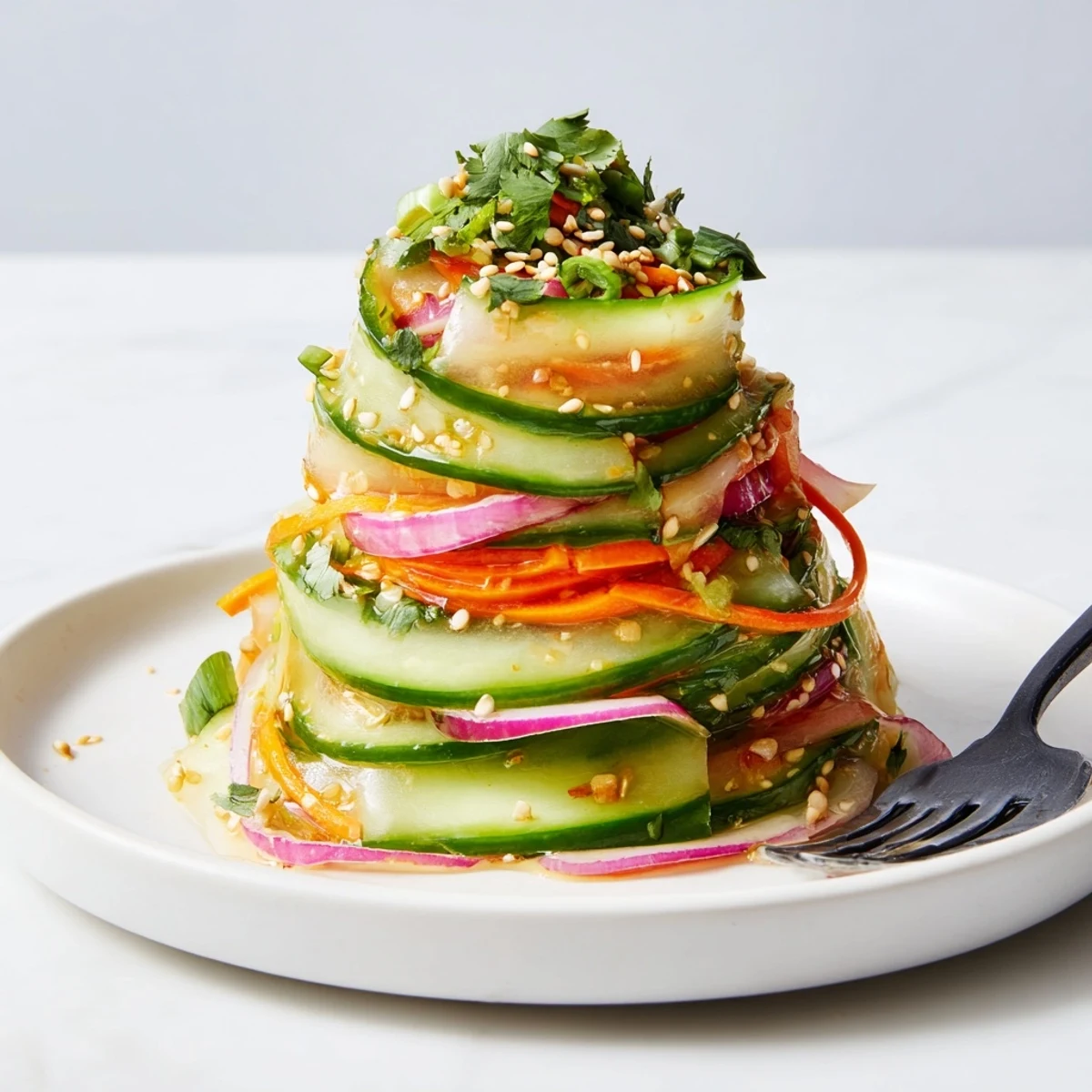 Savory cucumber salad remix featuring fresh ingredients, best served chilled as a side.