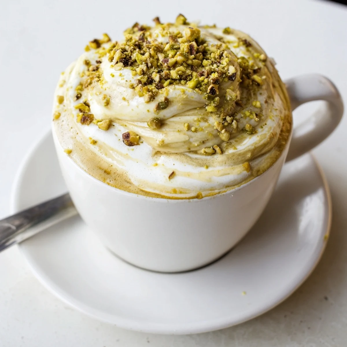 Creamy pistachio milk latte topped with crushed nuts and foam art.  