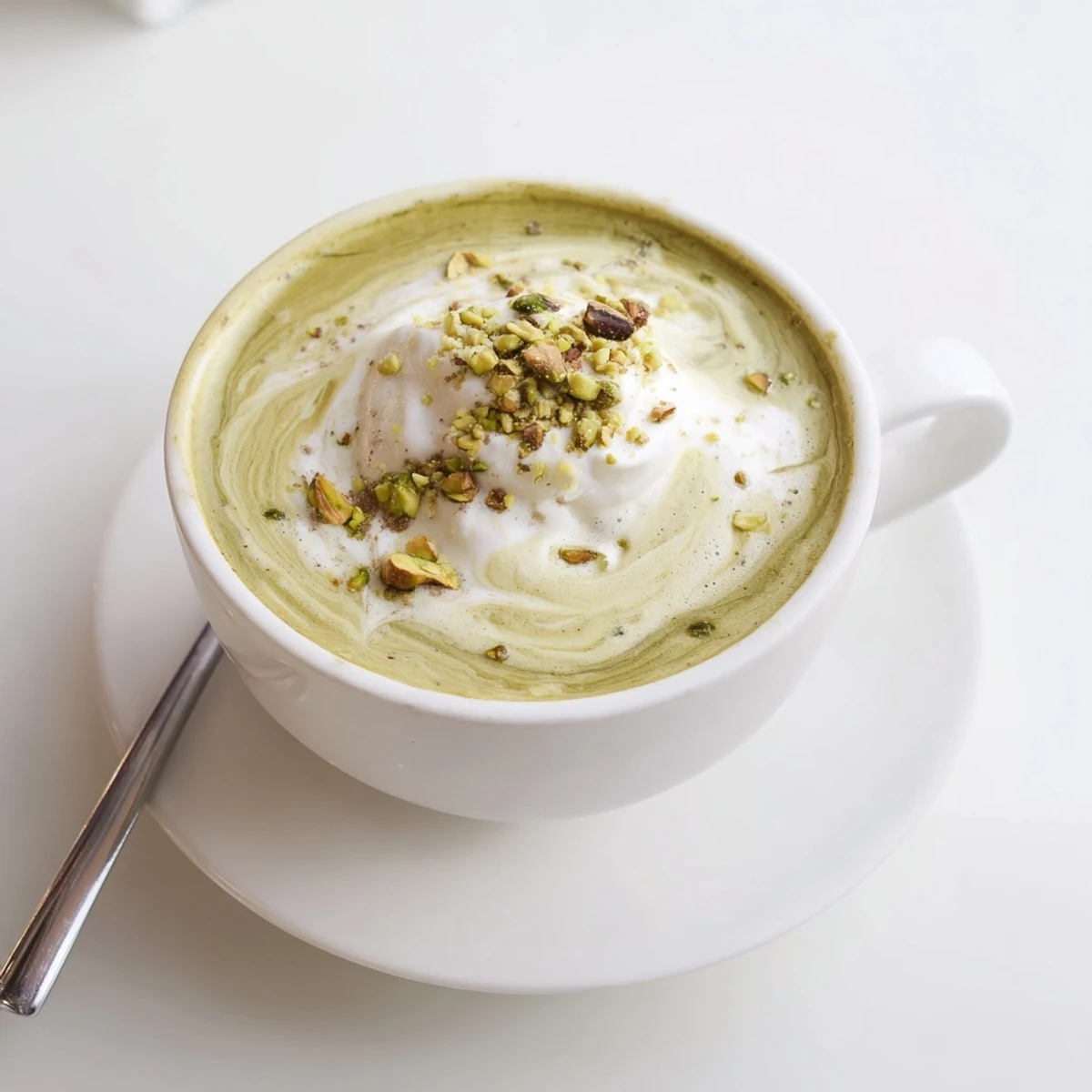 Homemade pistachio milk latte served warm, perfect for cozy mornings.  