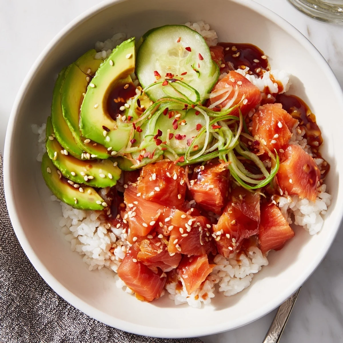 Leftover salmon and rice bowl garnished with fresh avocado and cucumber slices.  