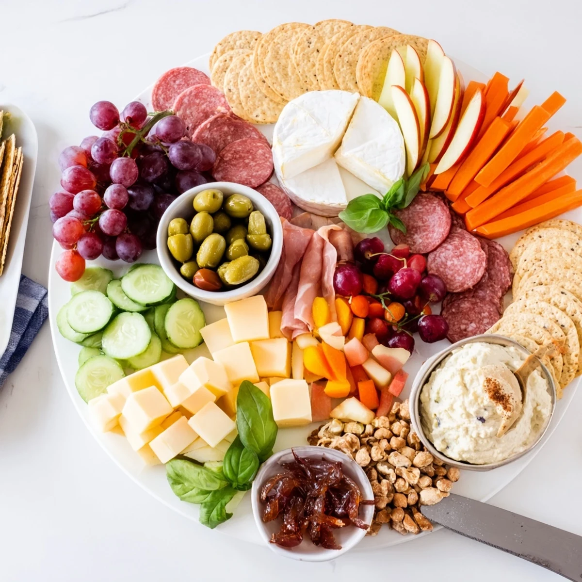 A vibrant girl dinner platter featuring assorted cheeses, fruits, and colorful dips.  